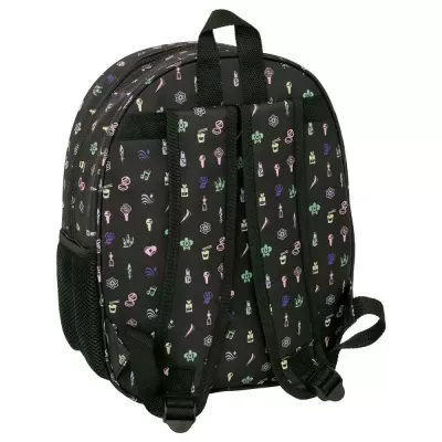 Mochila preta com padrão colorido e alças acolchoadas