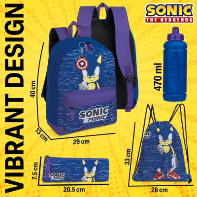 Conjunto SONIC THE HEDGEHOG com mochila, saco, estojo e garrafa azul em fundo amarelo