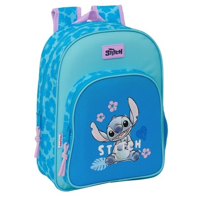 Mochila infantil azul com personagem Stitch e padrão floral