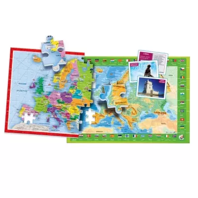 Quebra-cabeças com mapa da Europa colorido e cartões informativos