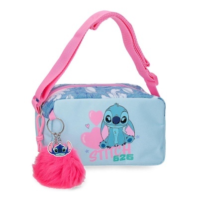Bolsa azul clara com desenho do Stitch e alça rosa com chaveiro pompom.
