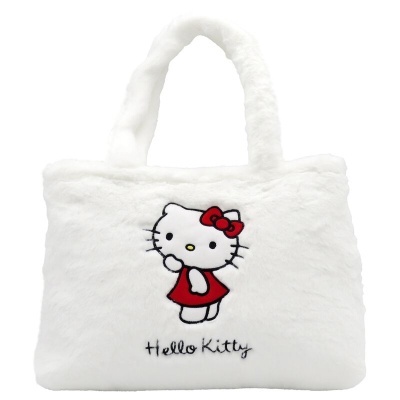 Bolsa branca felpuda com bordado Hello Kitty e texto