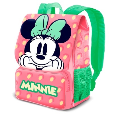 Mochila infantil cor-de-rosa e verde com estampa da Minnie Mouse e texto MINNIE no bolso frontal
