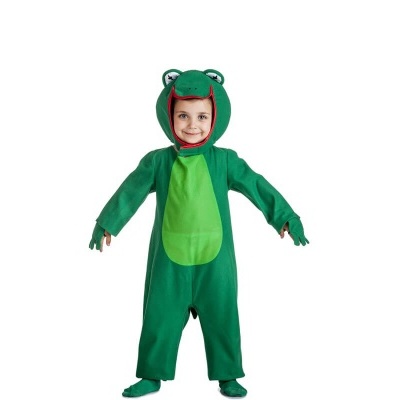 Macacão infantil fantasia de sapo verde com capuz em fundo branco