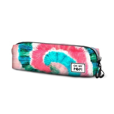 Estojo escolar tie-dye colorido com etiqueta OH MY POP