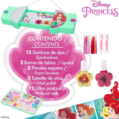 Conjunto maquilhagem infantil Disney Princess com sombras, vernizes e acessórios, embalagem verde e rosa.