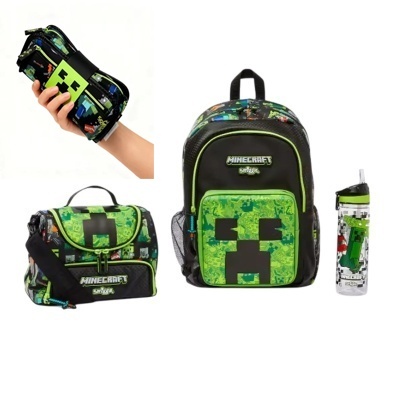 Conjunto de mochila, lancheira e garrafa com tema Minecraft em cores verde e preto