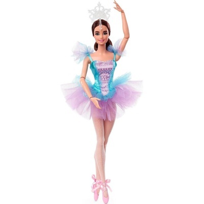 Boneca bailarina azul e lilás com sapatilhas rosa e tiara prateada