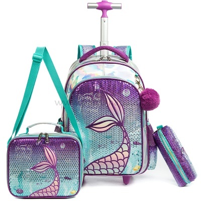 Conjunto escolar com mochila de rodinhas, lancheira e estojo holográfico e em tons roxos com cauda de sereia