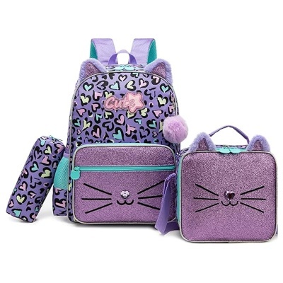 Conjunto de mochila, lancheira e estojo roxo com corações e rosto de gato brilhante