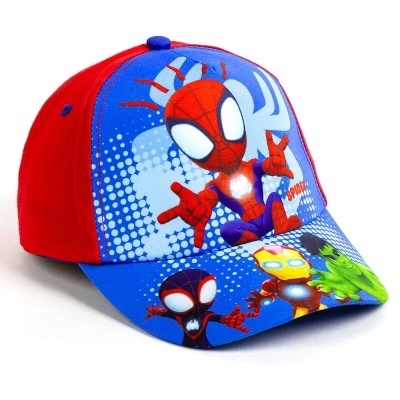 Boné infantil azul e vermelho com super-heróis impressos