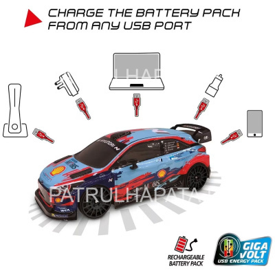 Carrinha de brinquedo Hyundai azul e vermelha com indicação de carregamento USB