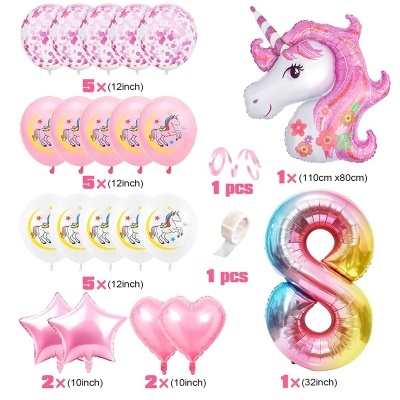Conjunto de balões coloridos para festa, com unicórnios, estrelas, corações e número 8