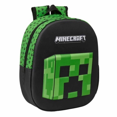 Mochila infantil Minecraft preta e verde com padrão pixelado e texto branco