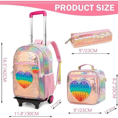 Conjunto escolar holográfico com mochila de rodízio, lancheira e estojo com coração pop it colorido