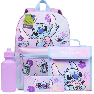 Mochila e acessórios lilás com o personagem Stitch da Disney e detalhes florais