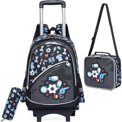 Conjunto de mochila com rodas e acessórios em padrão futebol