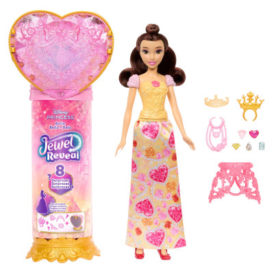 Boneca Disney Princess Belle com vestido amarelo e corações e acessórios de joias