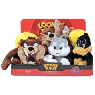 Peluches Looney Tunes Tasmanian Devil, Bugs Bunny e Daffy Duck em embalagem vermelha.