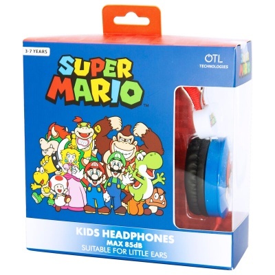 Caixa de auscultadores para crianças Super Mario com personagens coloridas e auscultadores visíveis nas cores branco, preto, vermelho e azul