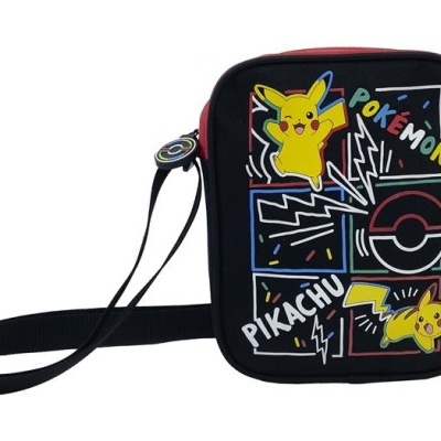 Bolsa para crianças preta com imagens coloridas de Pikachu e texto Pokémon e Pikachu