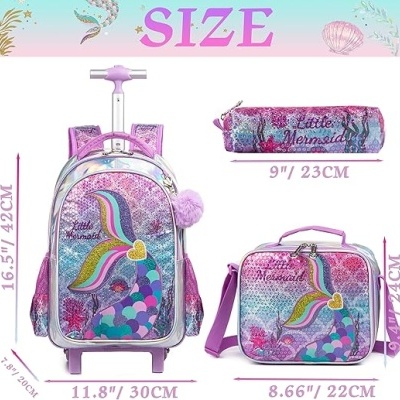 Conjunto escolar rosa com padrão de sereia 'Little Mermaid' e medidas.