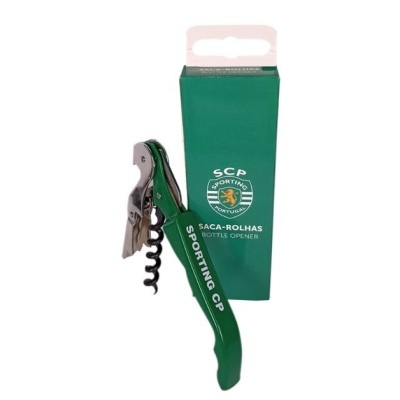 Saca-rolhas verde Sporting CP com embalagem verde e logo do clube.