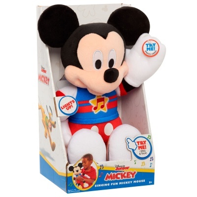 Boneco de pelúcia do Mickey em embalagem colorida com texto promocional