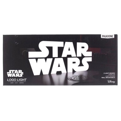 Caixa preta com luz decorativa Star Wars em branco e texto da marca e características.
