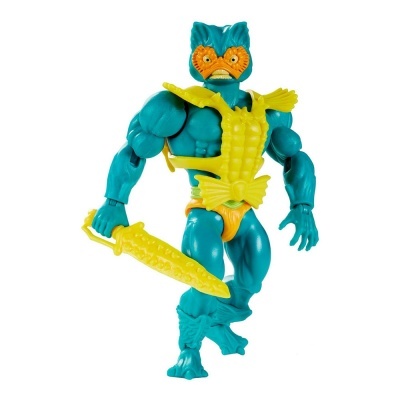 Figura de ação musculosa azul turquesa com máscara e espada amarela