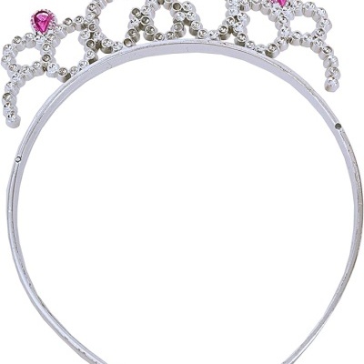 Tiara prateada com pérolas e pedras rosadas em forma de coração e gota