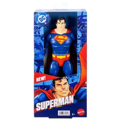 Boneco de ação do Superman em embalagem azul com texto