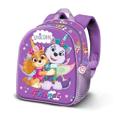 Mochila infantil roxa com personagens animados e texto Friends