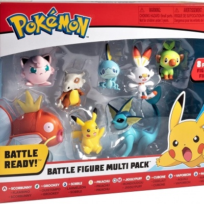 Pack de figuras Pokémon com 8 personagens coloridos em caixa vermelha e branca