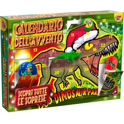 Caixa colorida de calendário do advento com desenho de dinossauro e texto em italiano