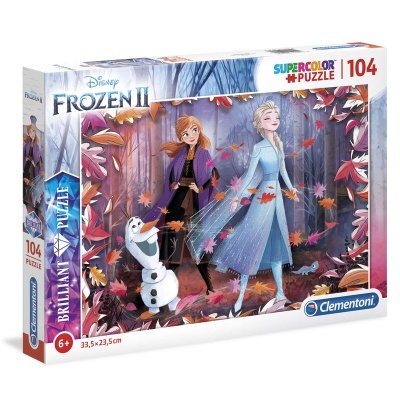 Quebra-cabeças Frozen II de 104 peças com personagens Elsa, Anna e Olaf na floresta
