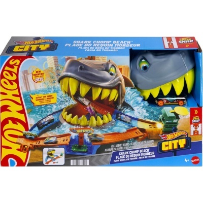 Brinquedo Hot Wheels City Shark Chomp Beach com tubarão e pistas de corrida