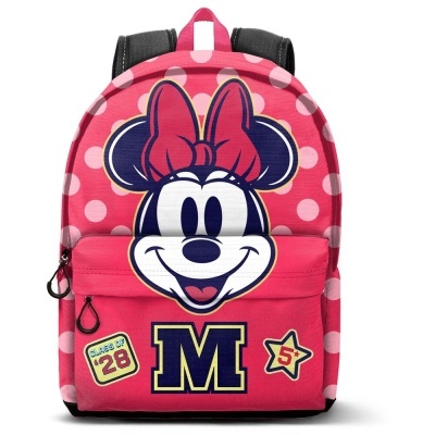Mochila rosa com bolinhas brancas e estampa da Minnie Mouse