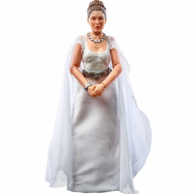 Figura de ação feminina vestida com vestido branco e capa translúcida