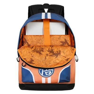 Mochila azul, laranja e preta com interior floral e símbolo branco na frente
