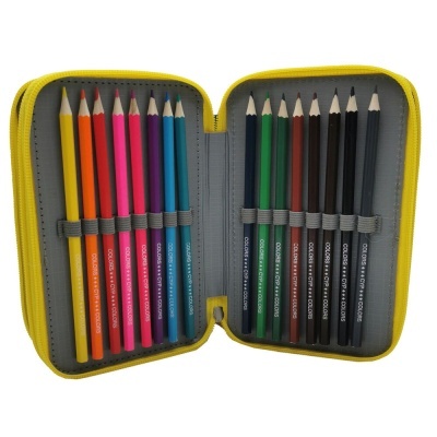 Estojo amarelo aberto com 12 lápis de cor coloridos organizados