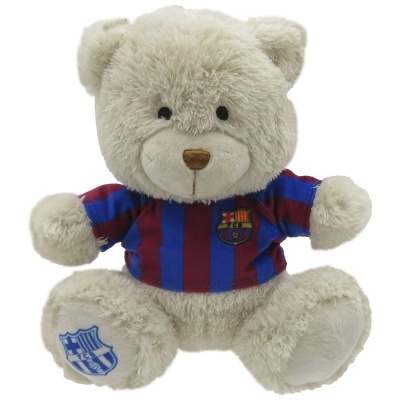 Urso de peluche branco com camisa do FC Barcelona azul e vermelha