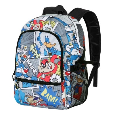 Mochila colorida com personagens Looney Tunes e texto WHAM WHAK PAM