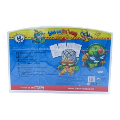 Embalagem do jogo Super Things Secret Spies com ilustrações de personagens coloridos