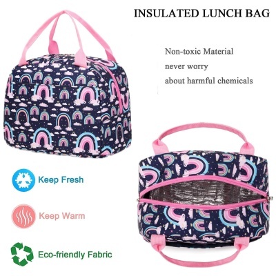 Bolsa térmica para almoço com padrão de arco-íris e alças cor-de-rosa