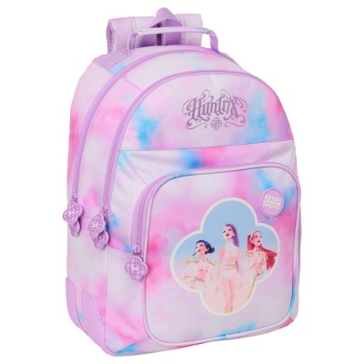 mochila colorida com imagem de personagens femininas e botão K-POP DEMON HUNTERS