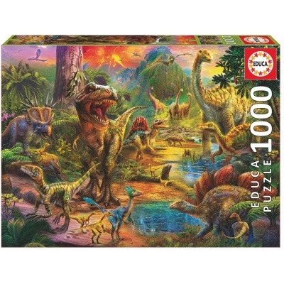 Puzzle EDUCA 1000 peças com imagem de dinossauros em cenário pré-histórico colorido