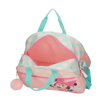 Mochila cor-de-rosa e azul claro com padrão de bolinhas e imagem da Minnie Mouse