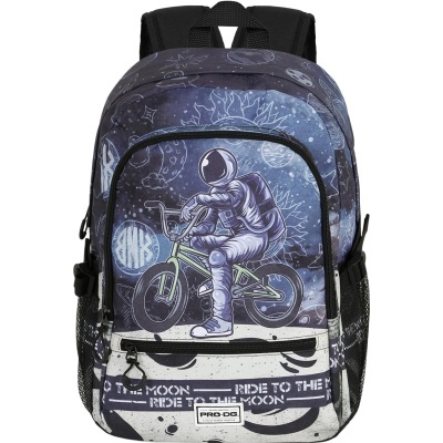 Mochila azul escura com desenho de astronauta e texto 'RIDE TO THE MOON'