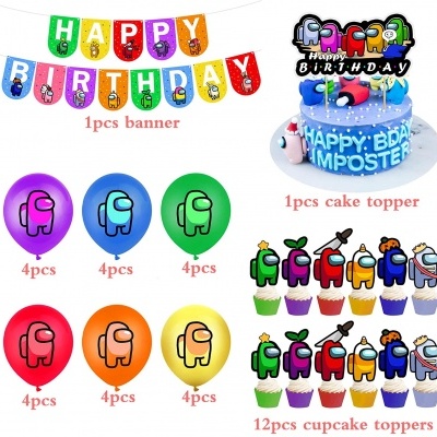 Conjunto de festa de aniversário Among Us com decoração colorida e personagens do jogo